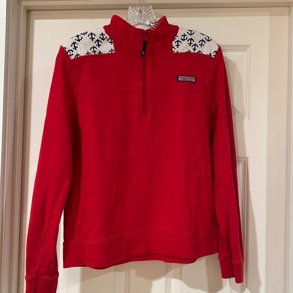 Ladies Vineyard Vines Red Shep Shirt. White eyelet shoulders navy anchors. Large - Picture 5 of 5